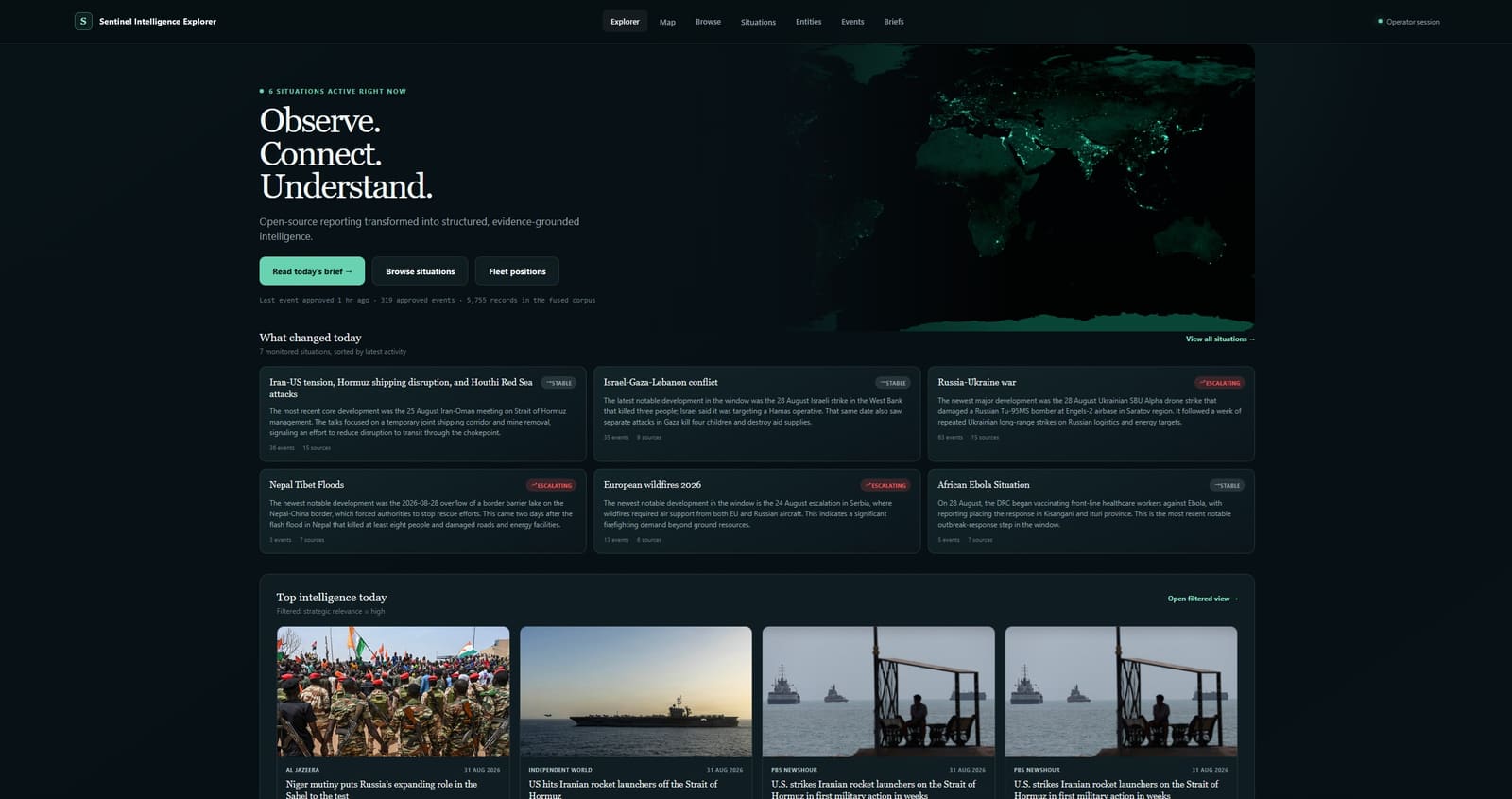 Sentinel Explorer landing page showing active situations and today's top intelligence